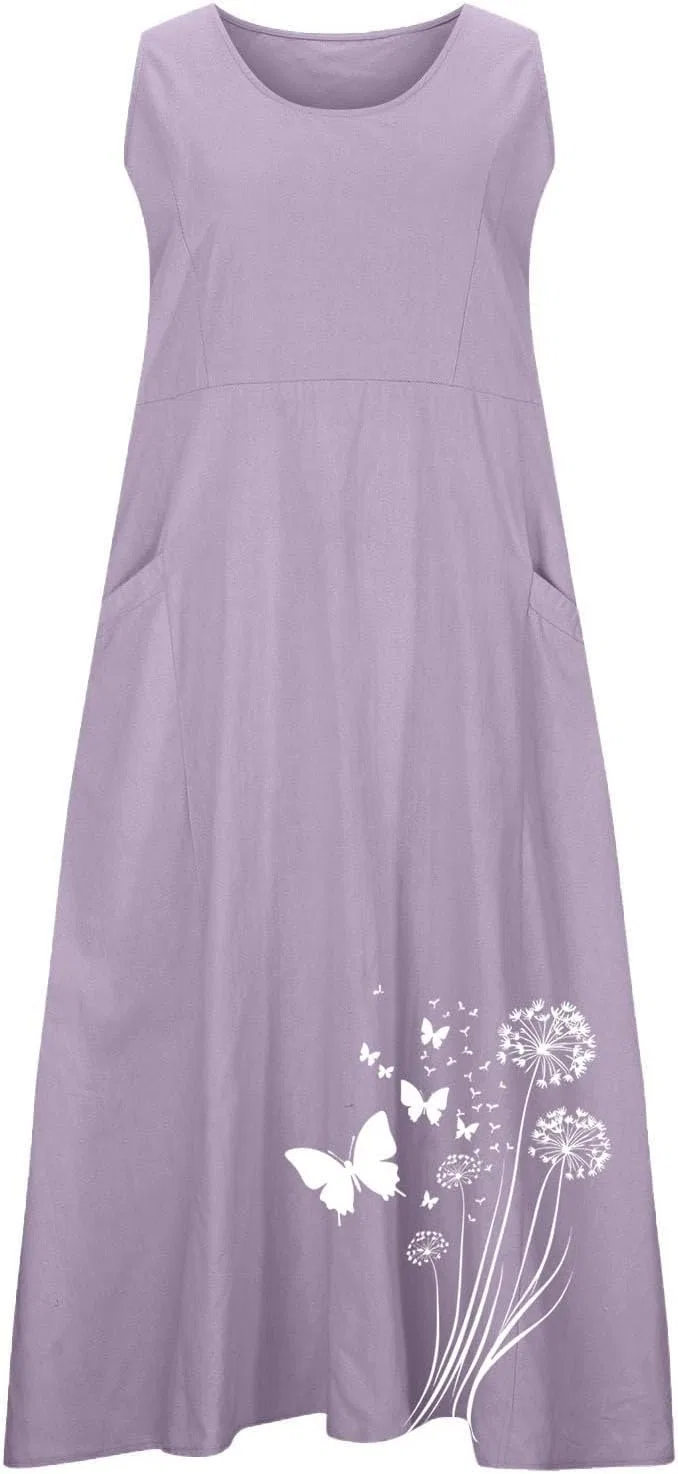 Женское пляжное платье-макси с принтом, без рукавов, с карманами, Plus Size, Purple — фото 4