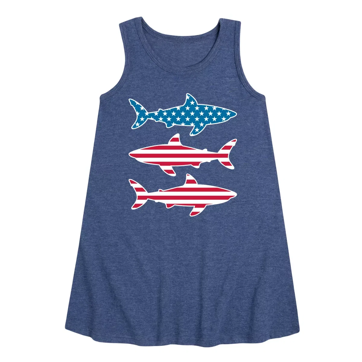 Детское платье-трапеция без рукавов с принтом Shark American Flag Instant Message, Heather Navy