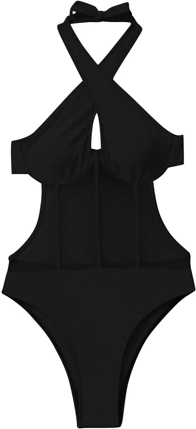 Женский купальник слитный с сеткой, утягивающий животик, Halter Tie, Black