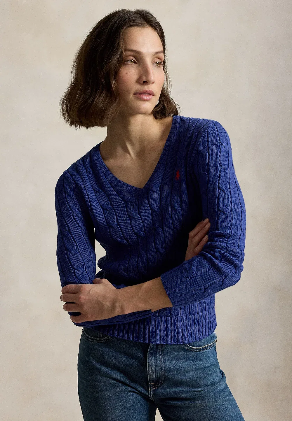 Хлопковый свитер крупной вязки с V-образным вырезом Polo Ralph Lauren, Charter Blue