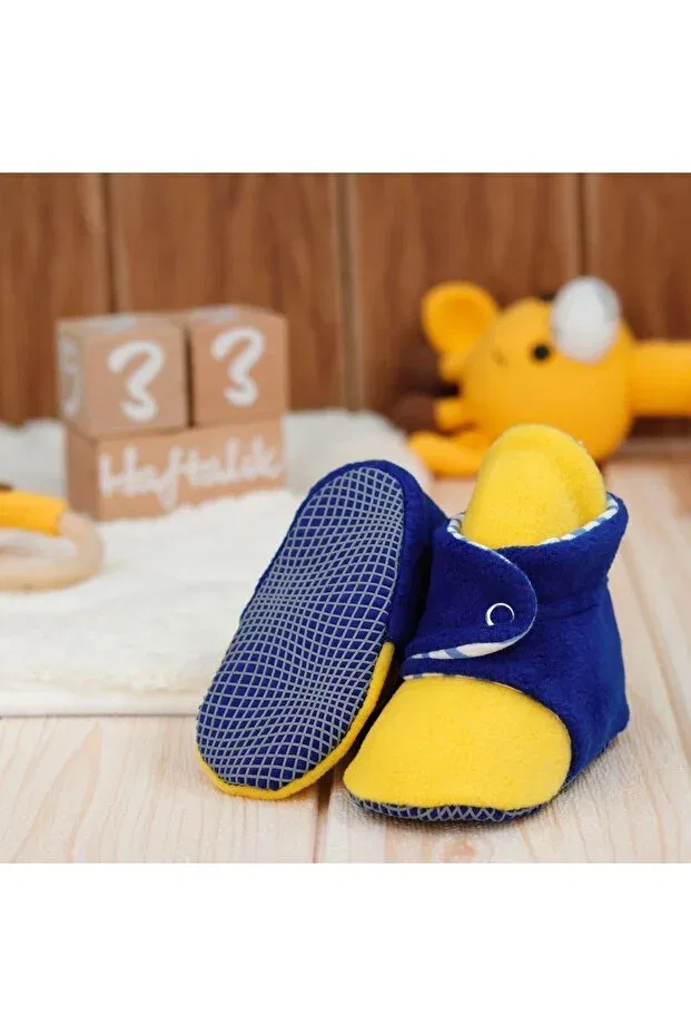 Детские тапочки для новорожденных хлопковые Non-Slip sole baby slippers ilkadım home booties anti-sweat organic cotton lined Ella Bonna, Yellow Navy Blue — фото 4