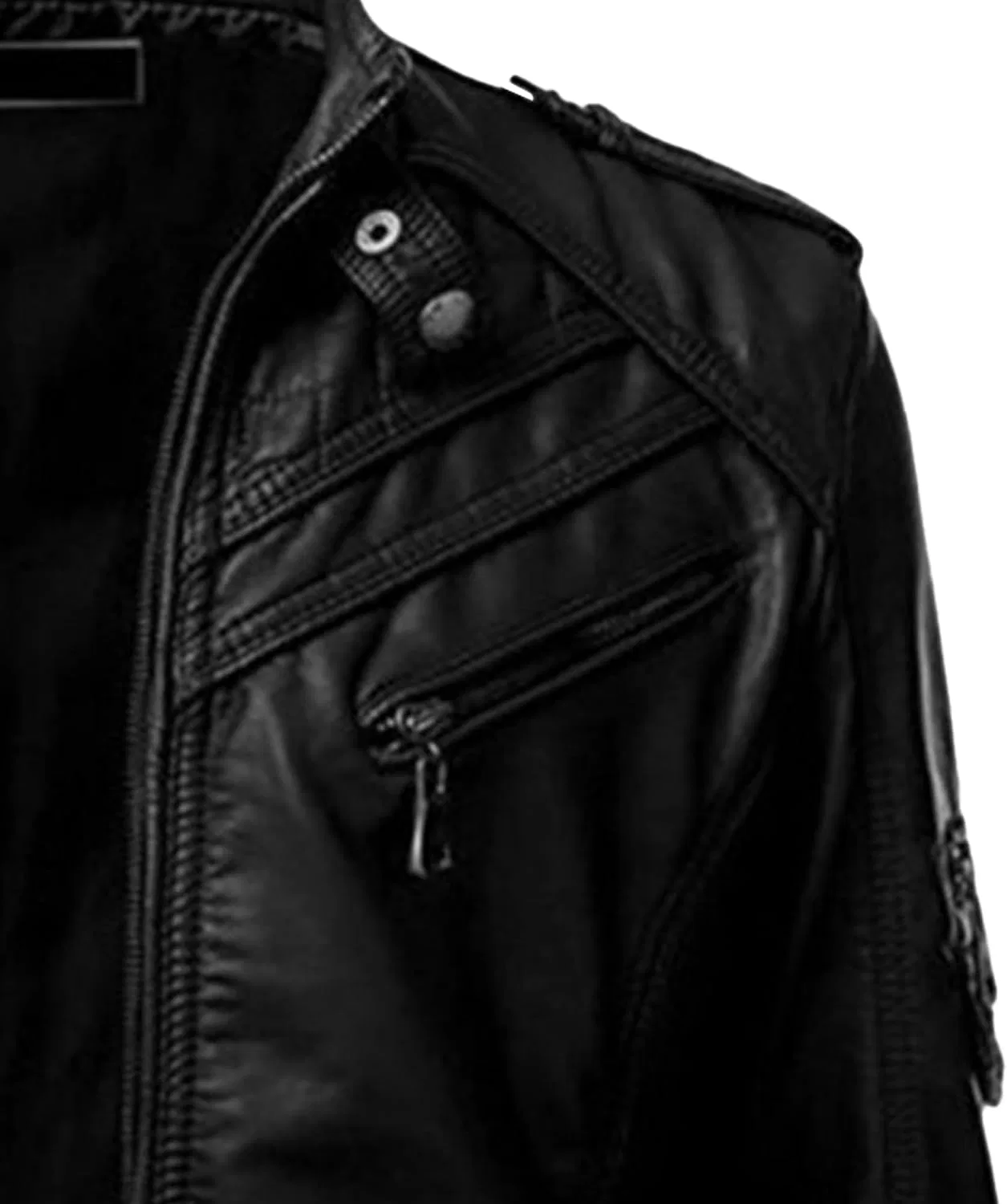 Мужское кожаное пальто с воротником-стойкой, Moto Leather Jacket, чёрный — фото 4