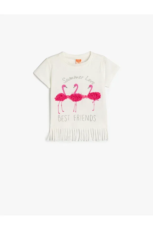 Детская футболка для девочек с принтом Tasseled Flamingo Printed Koton, Ecru