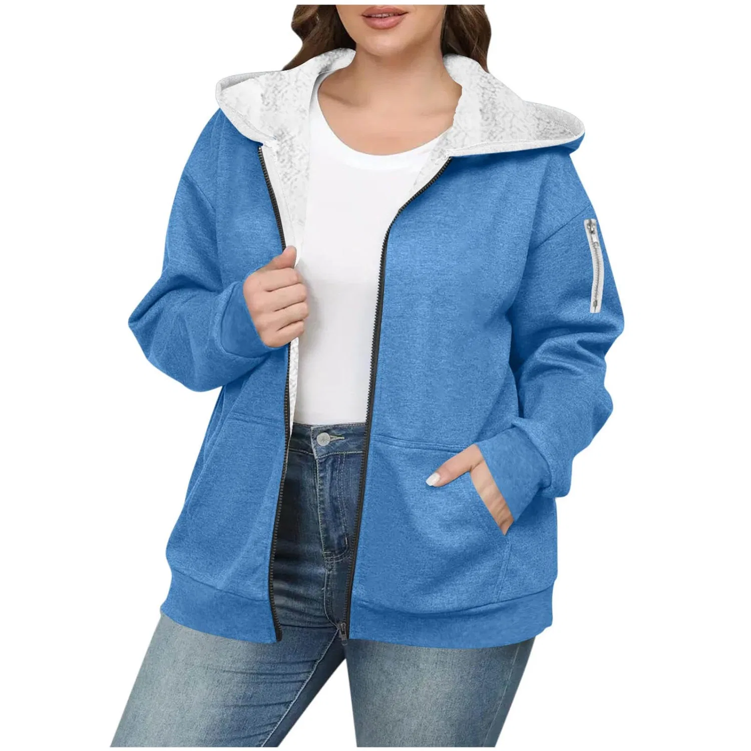 Женское зимнее пальто с флисовой подкладкой и молнией, оверсайз, Sherpa Lined, 01 Blu