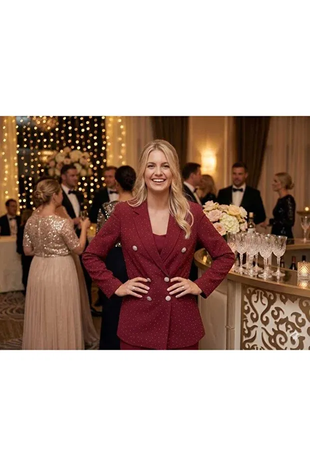 Детский пиджак для девочек с принтом Mother Daughter Stone Detailed Blazer Jacket Hilal Akıncı Kids, Burgundy — фото 4