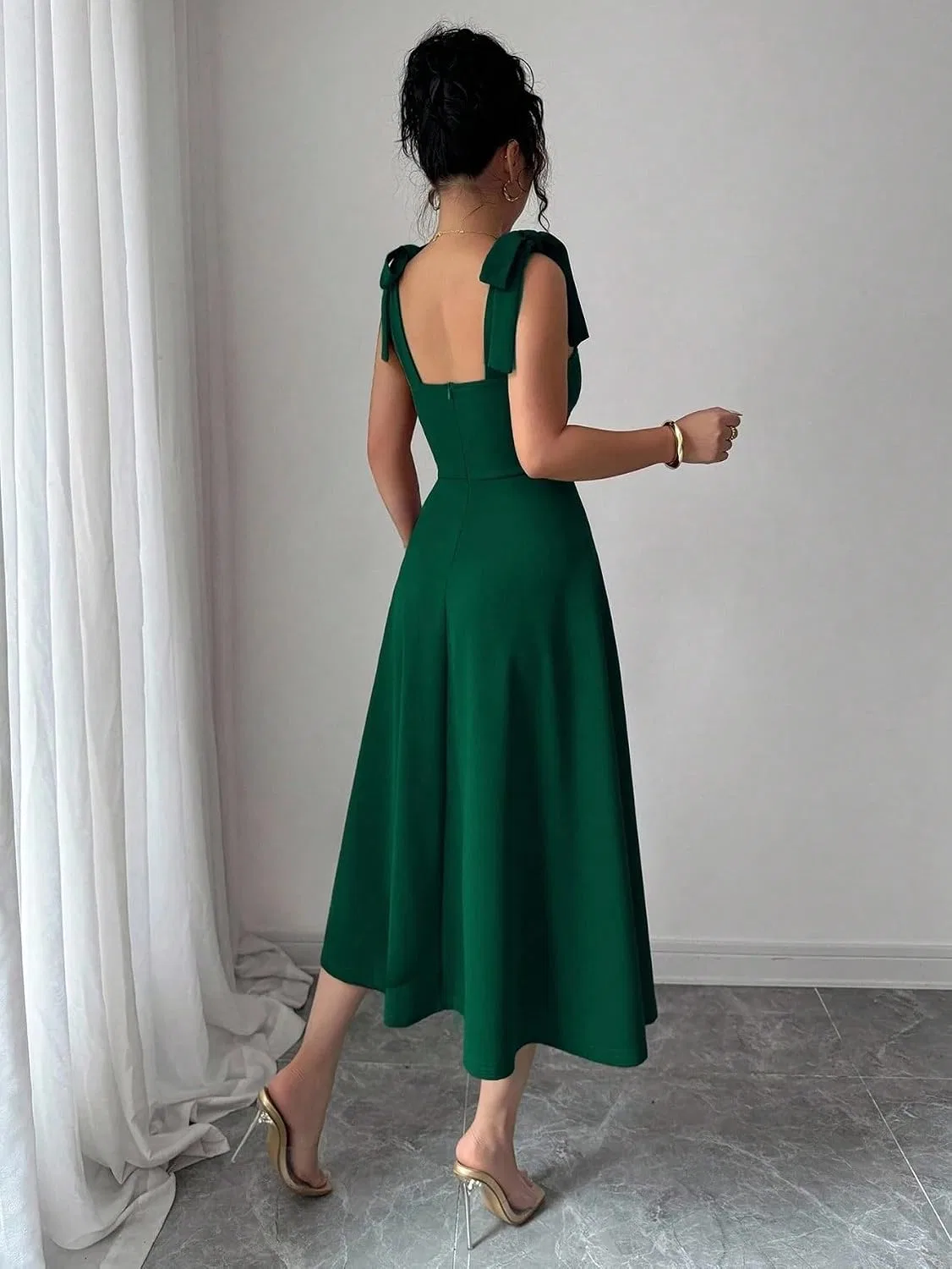Женское повседневное платье миди с асимметричным вырезом Dark Green — фото 2