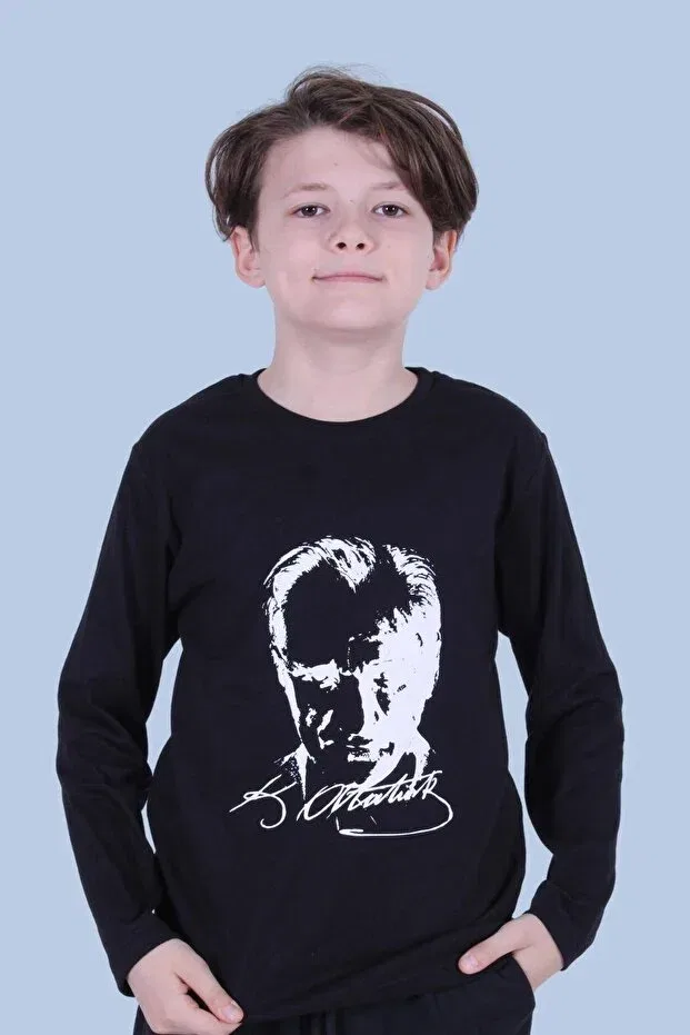 Детские свитшот для девочек с принтом Differently printed ataturk patterned long sleeve unisex sweatshirt Fyk Collection, Black — фото 3