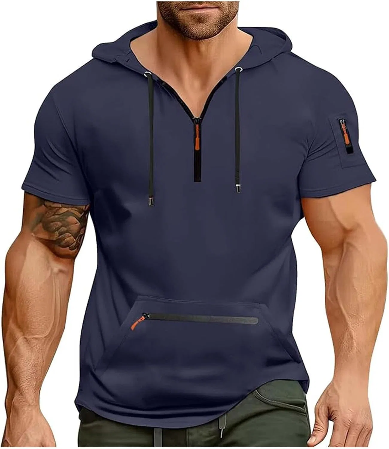 Мужская футболка с капюшоном и карманами Quarter Zip Casual, 2-navy