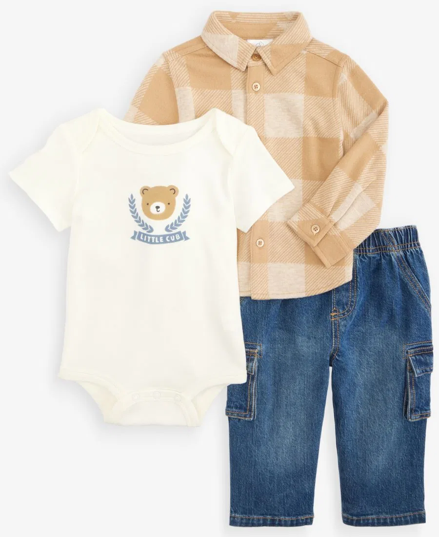 Комплект из 3 предметов: фланелевая рубашка, боди и карго-брюки, Little Cub First Impressions, Cartouche