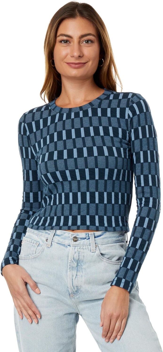 

Футболка Madewell Fine Ribbed Supercrop Crewneck Long-Sleeve Tee in Check, цвет Chocolate Bar Check/Tranquil Lake
