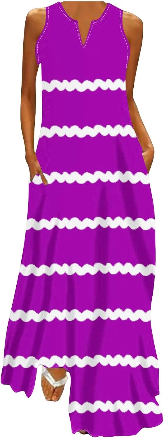 Женское летнее платье-макси с полосками A-line, Purple