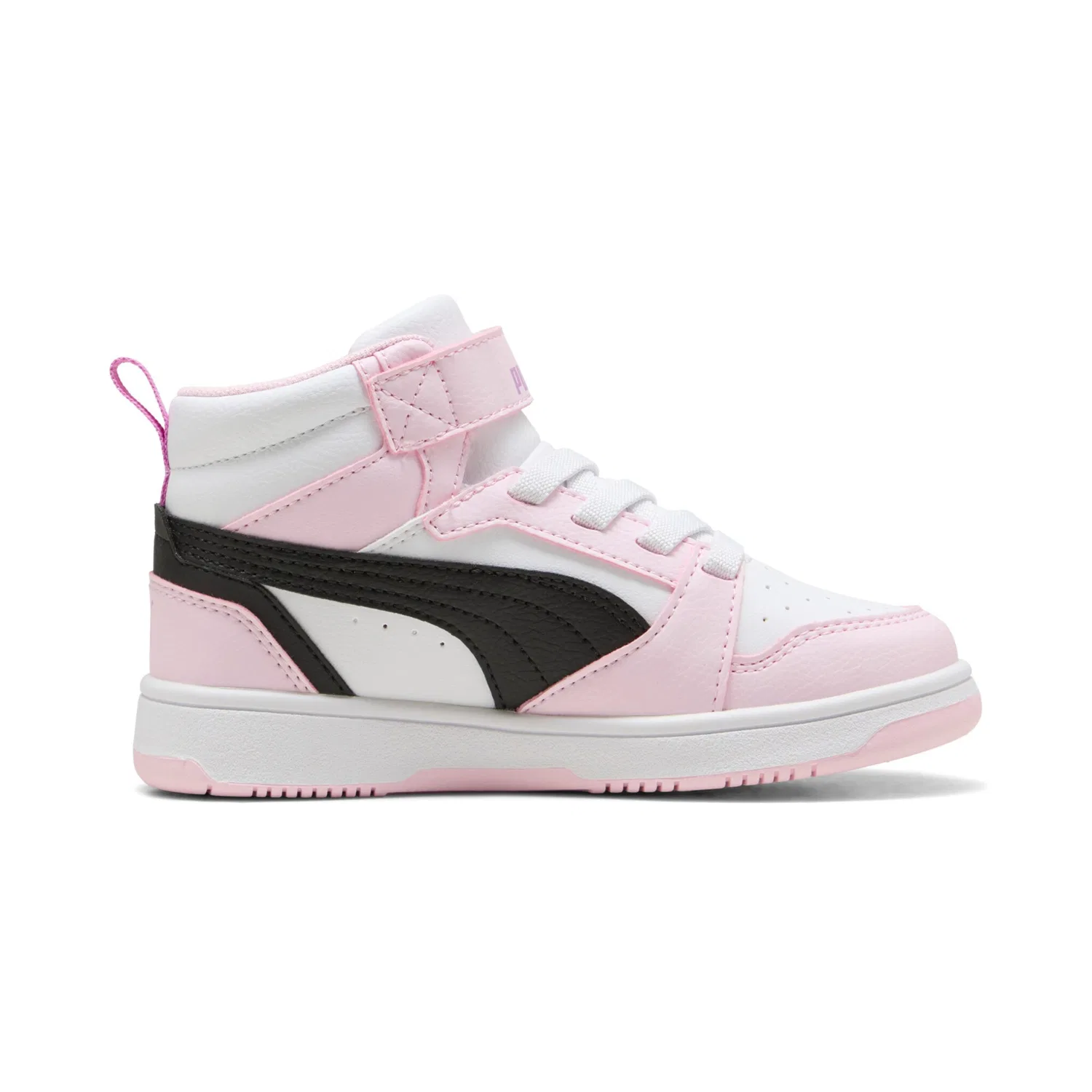 Детские кроссовки с мягкой амортизацией PUMA Rebound V6 Mid AC+ PS, White/Black/Pink — фото 3