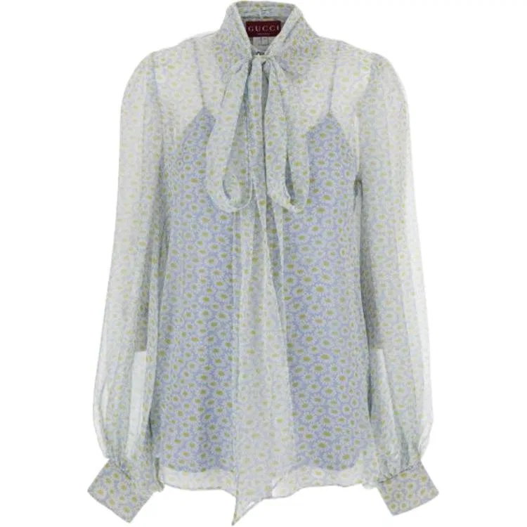 Женская блузка из шифона Sky Blue с длинным рукавом GUCCI