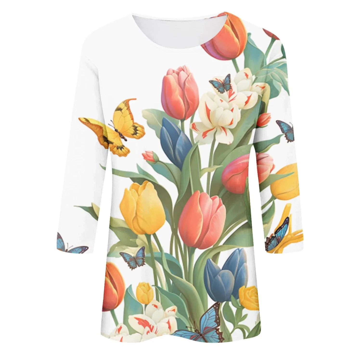 Женская блуза с цветочным принтом Floral Print Round Neck Long Sleeve Lace Top, Yellow-1 — фото 3