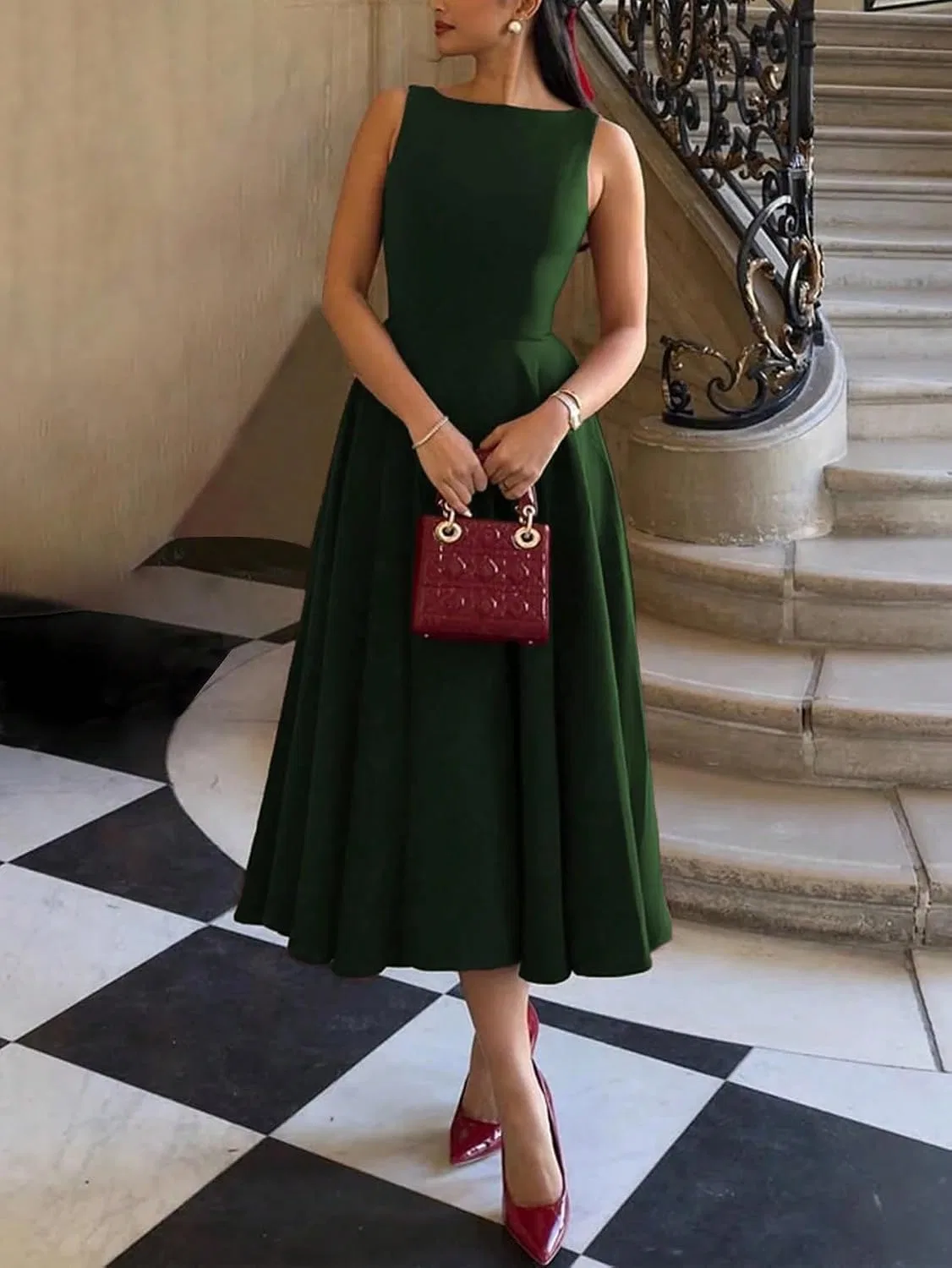 Женское платье миди с открытой спиной Hollow-Out Waist, Dark Green — фото 3