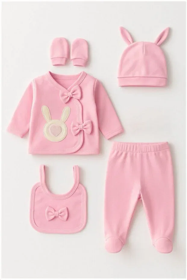 Детский комбинезон для новорожденных с принтом Organic baby girl rabbit patterned 5-piece jumpsuit hospital release newborn outfit baby bib Bamoola For Babies, Pink Rabbit — фото 3
