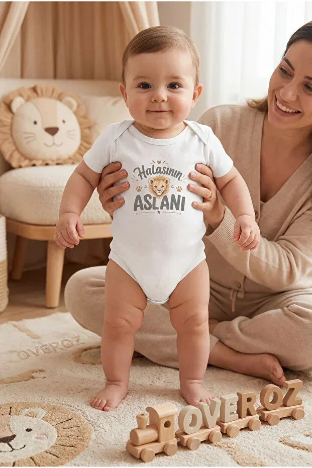 Детское боди для мальчиков с принтом Auntie'S lion written Overoz, White-38