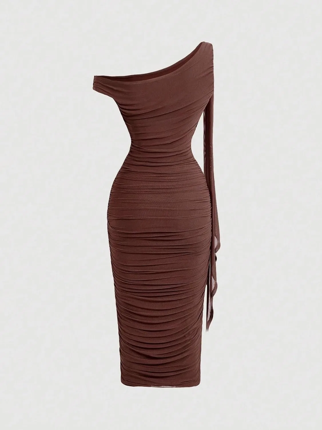 Женское миди-платье с асимметричным плечом bodycon, Chocolate Brown — фото 3