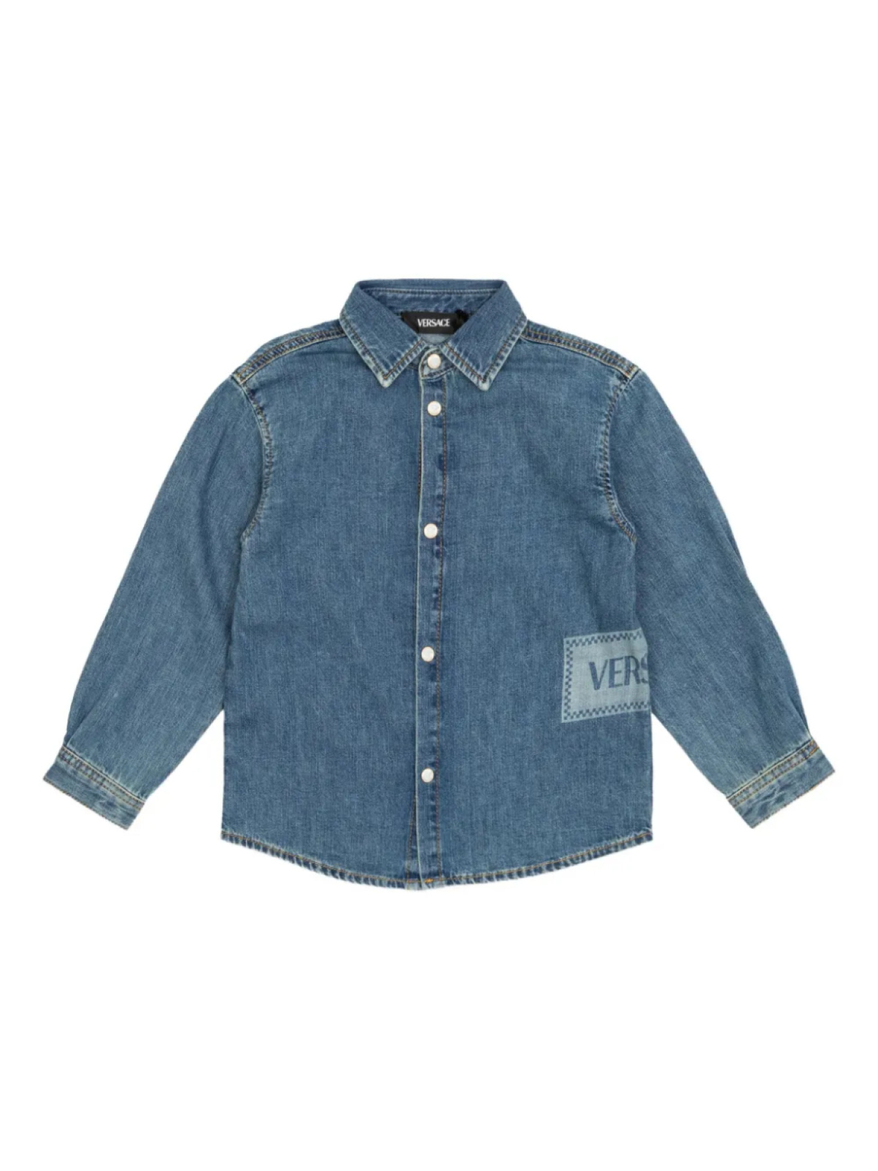 

Джинсовая рубашка с нашивкой-логотипом Versace Kids, синий