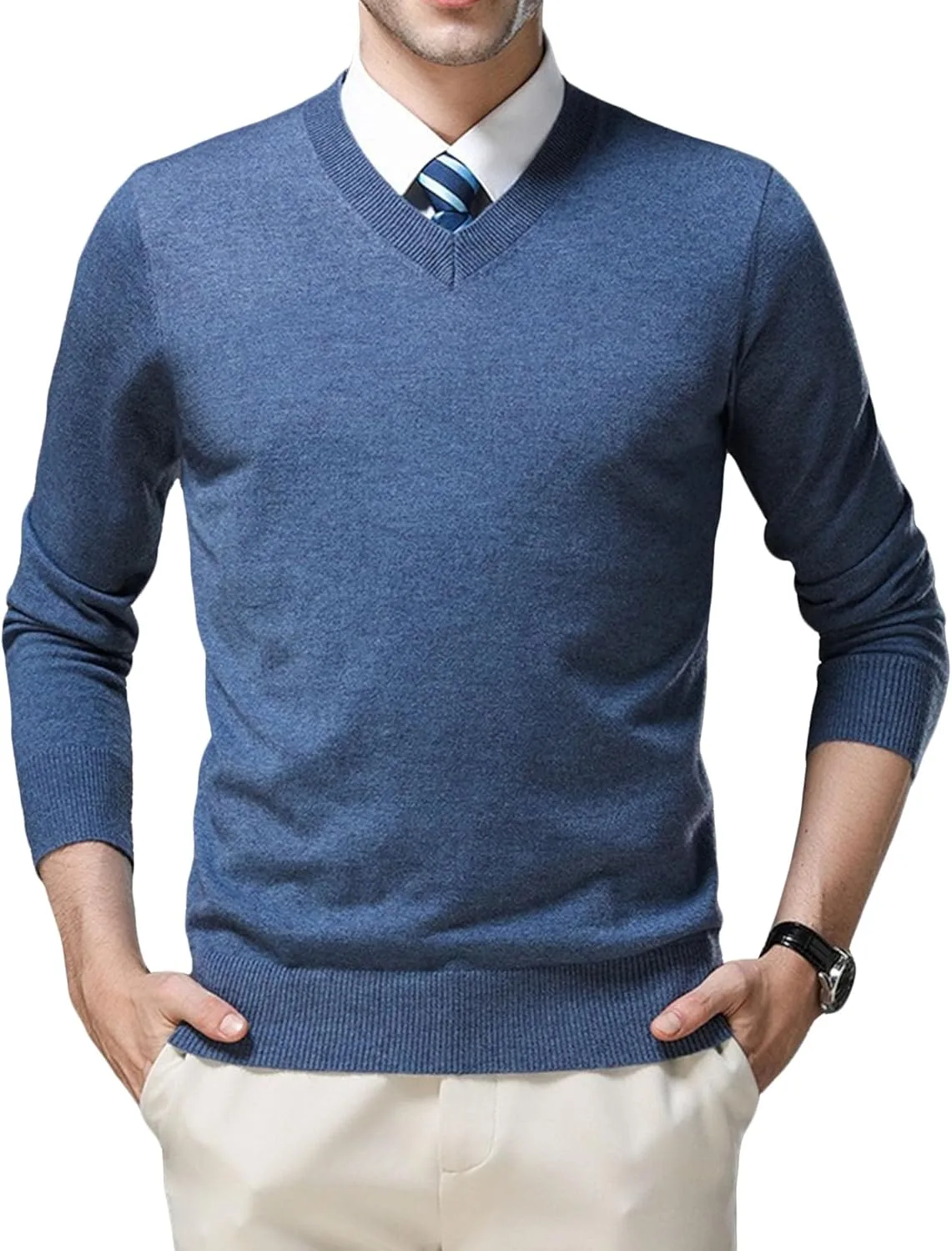 

Мужской свитер V-образным вырезом, Slim Fit, длинный рукав QOAAIE