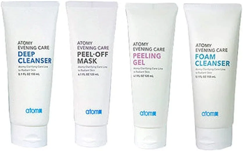 Набор Atomy — Для ухода за кожей лица Evening Care 4 с очищающей пенкой, глубоким очищающим средством, отшелушивающим гелем и маской-пленкой