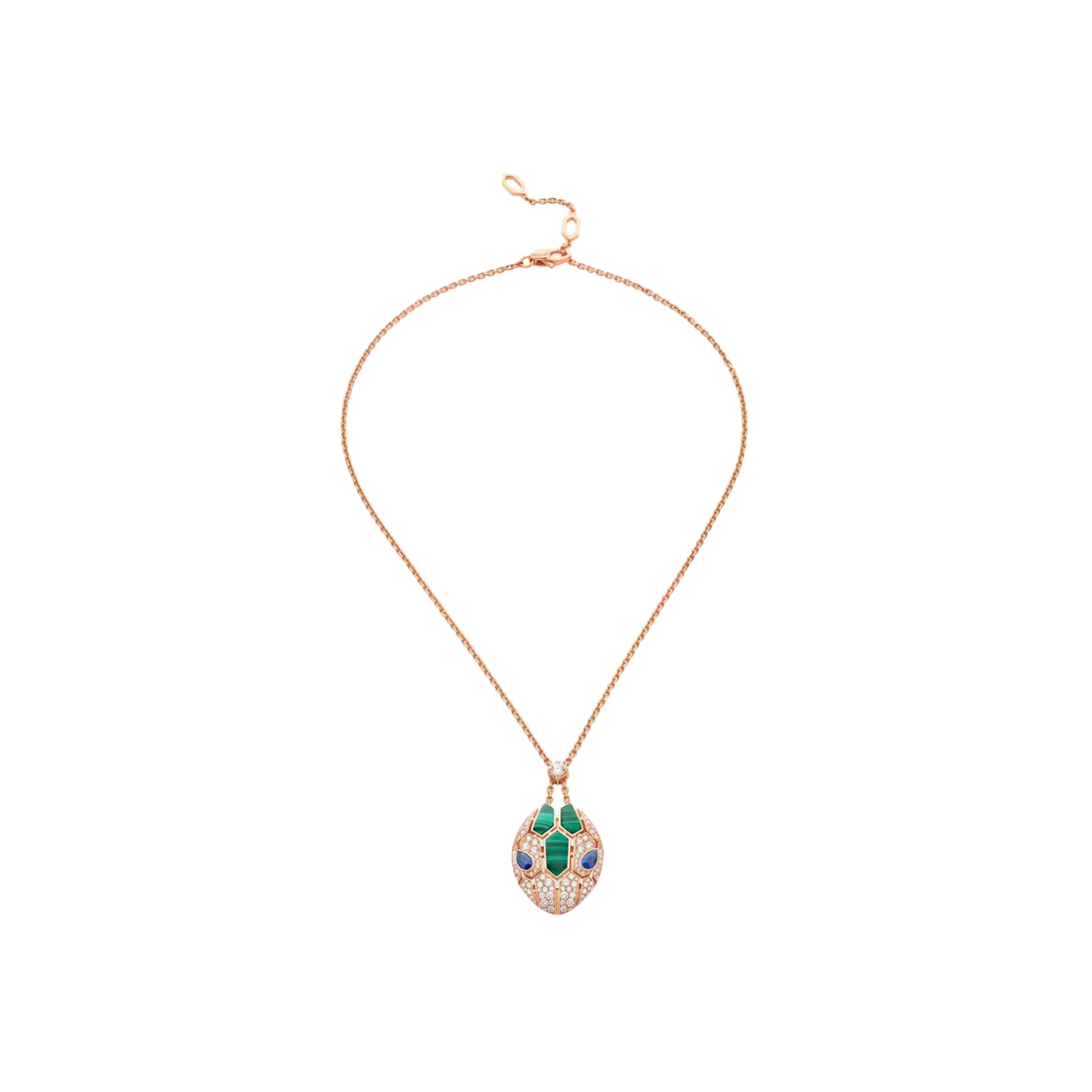 

Колье serpenti из розового золота 18 кт с подвеской с глазами из синих сапфиров, элементами из малахита и бриллиантовым паве. BULGARI