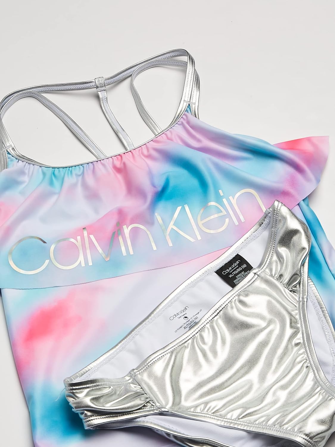 Слитные и раздельные купальники-бикини Calvin Klein для девочек с защитой от солнца UPF 50+, быстросохнущие., Silver Flounce — фото 3