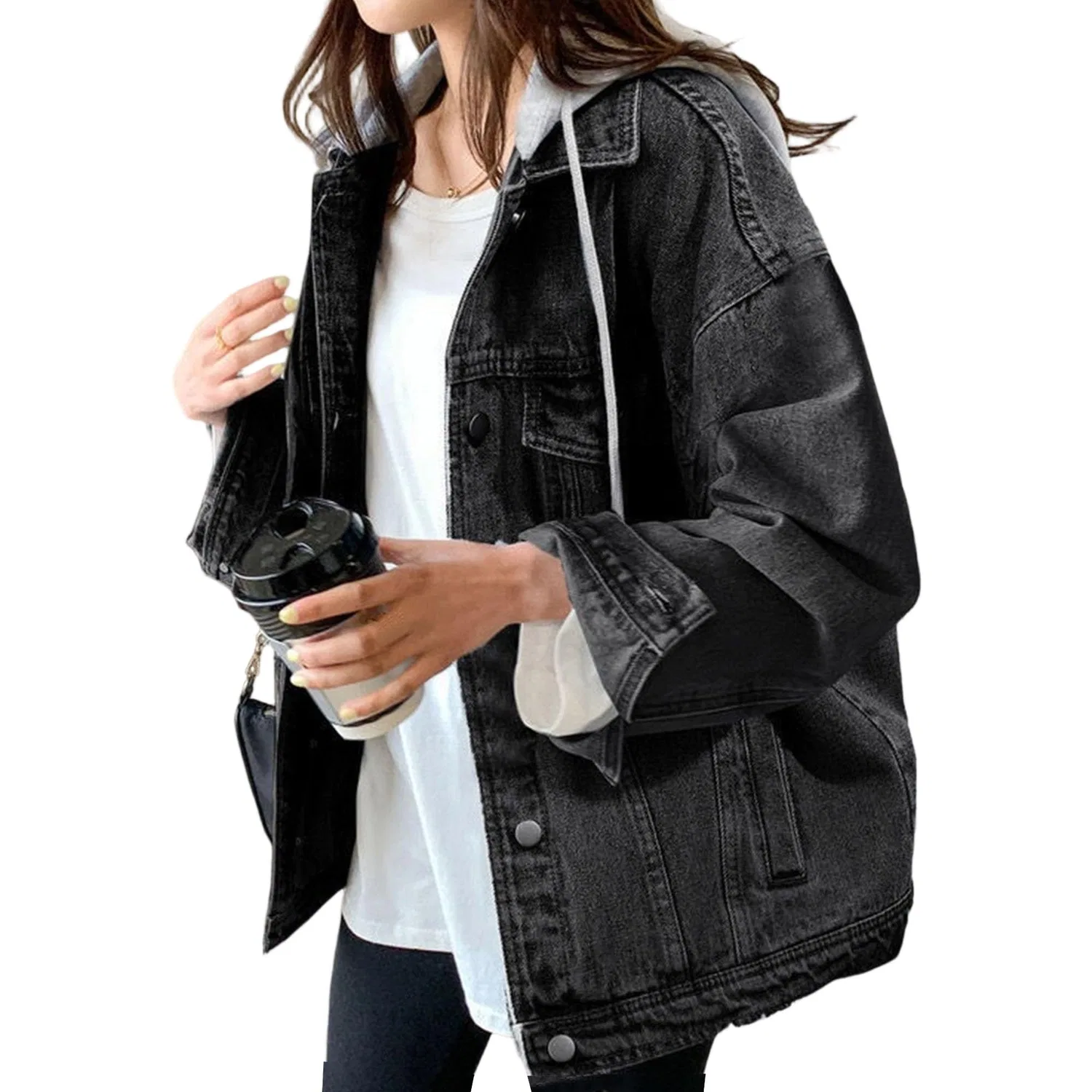 Женская джинсовая куртка oversize с капюшоном, boyfriend, Nero