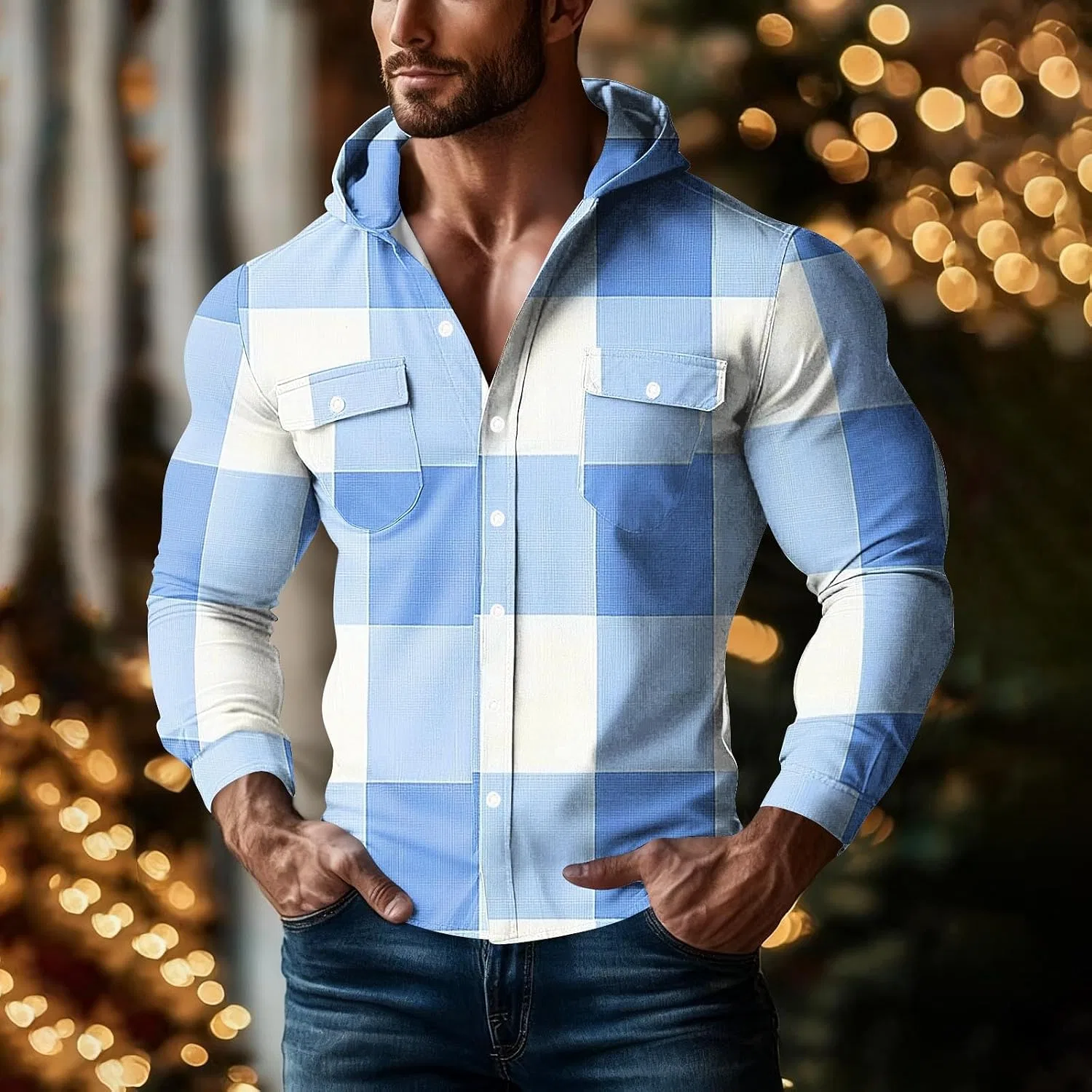 Мужская свободная фланелевая рубашка с капюшоном, принт в клетку, Long Sleeve Button Down Plaid Hoodie Stretch Casual Heavyweight Checkered Top, светло-синий — фото 2
