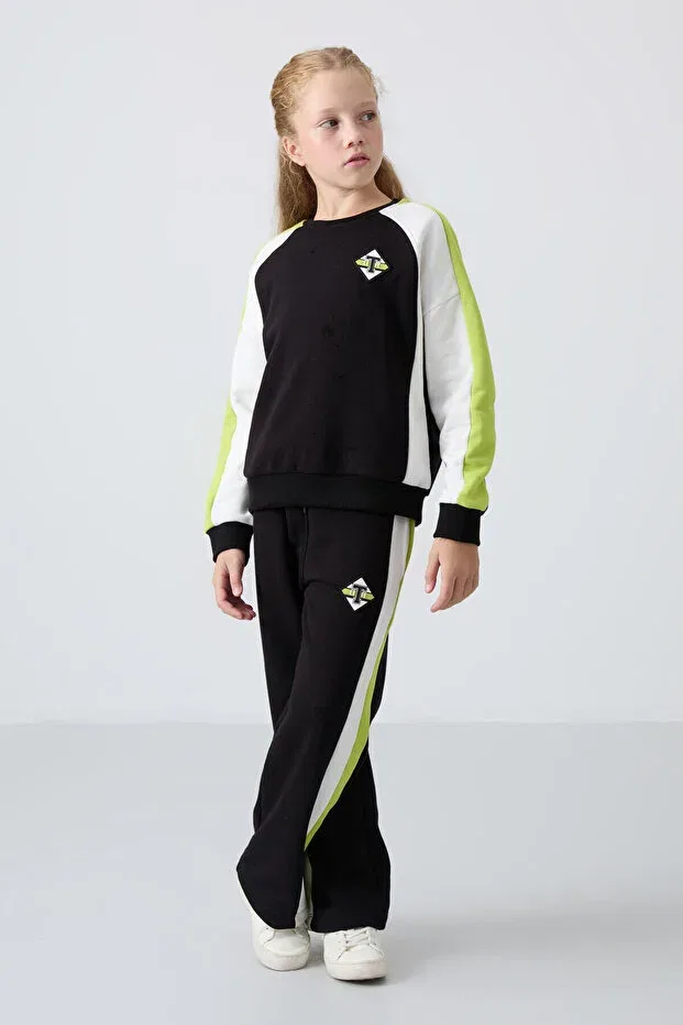 Детский спортивный комплект для девочек с принтом Black O Neck Wide Leg Standard Fit Printed Girl's Tracksuit Set Tommy Life, Черный Черный