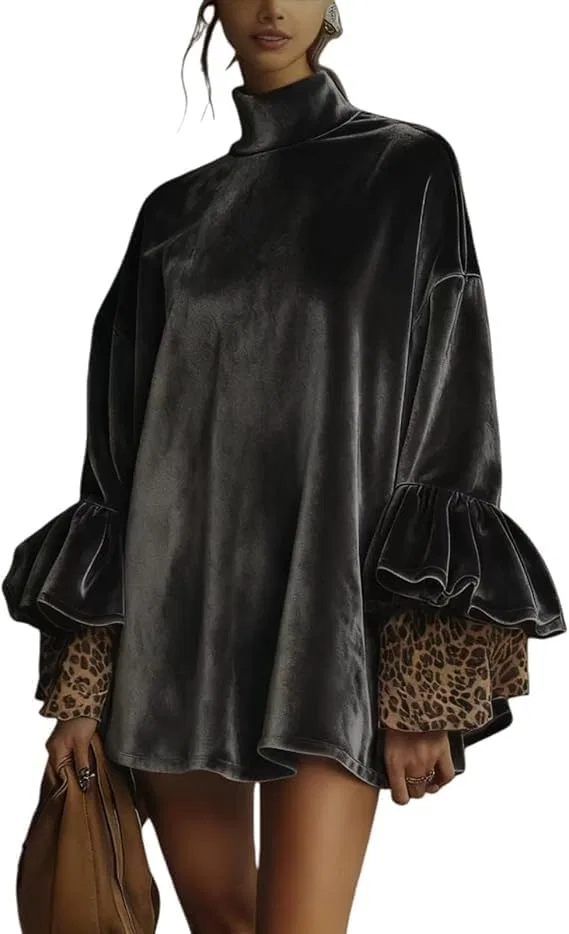 Женское бархатное платье с воротником-стойкой и оборками Leopard Print, Military Green — фото 3