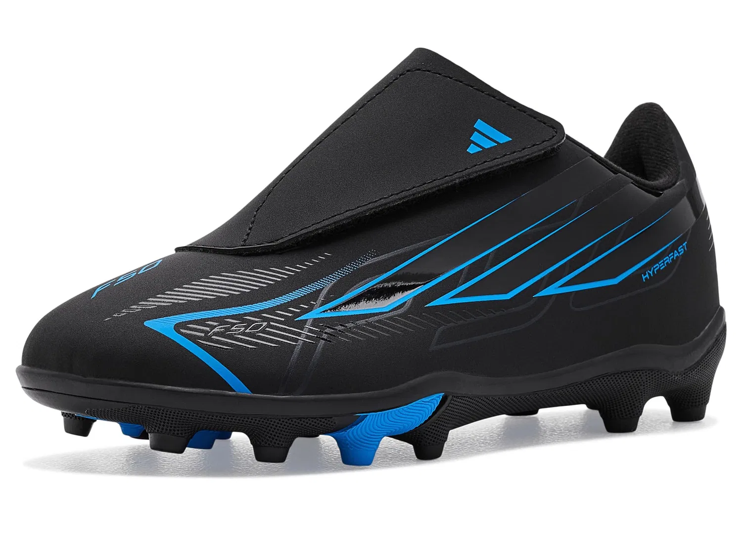 Бутсы F50 Hyperfast Club Hook & Loop Firm Ground/Multi Ground (для малышей и маленьких детей) Adidas Kids, Black/Black/Lucid Ray Blue