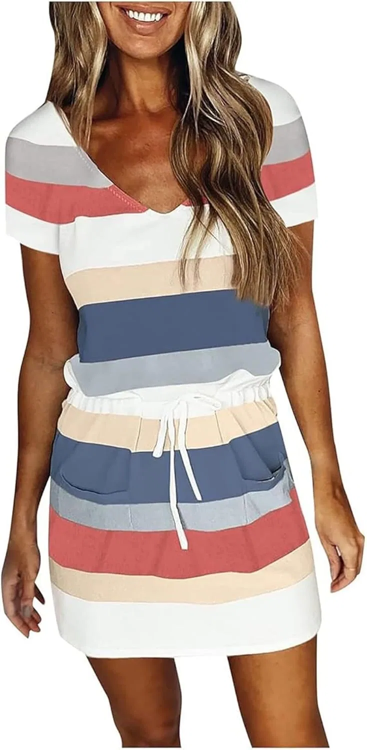 Женское летнее платье с V-образным вырезом и поясом, Striped, Blue