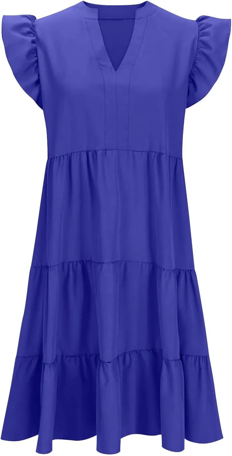 Женское летнее платье с воротником V и рюшами, A1-blue — фото 4