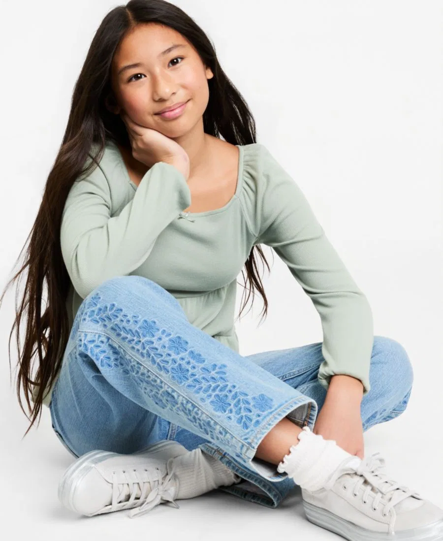 Джинсы с завышенной талией и вышивкой Embroidered High-Rise Jeans abercrombie kids, Light Pastel Blue — фото 2