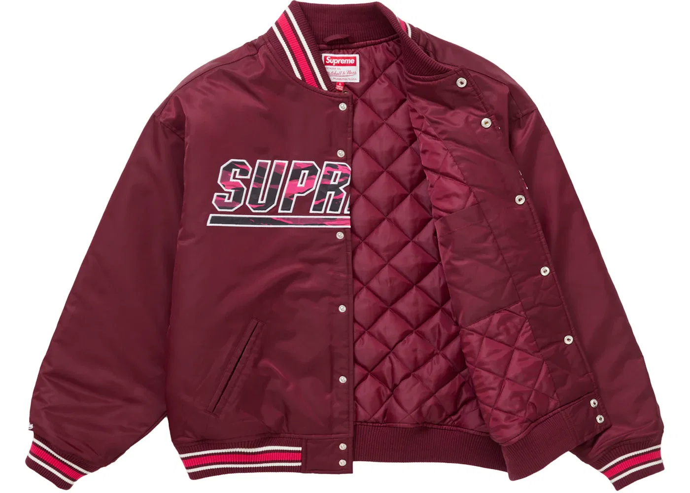 Мужская куртка-бомбер с камуфляжным принтом Supreme Mitchell & Ness Camo Logo Varsity Jacket, Burgundy — фото 2