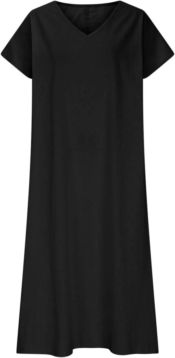 Женское свободное льняное платье V-образным вырезом, Black — фото 4