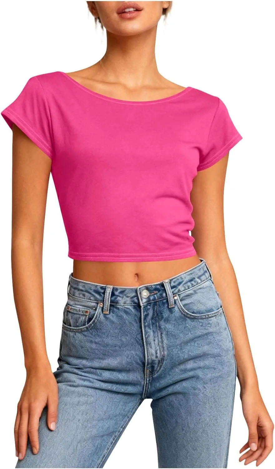 Женская свободная футболка с открытой спиной Crop Top, Hot Pink — фото 2