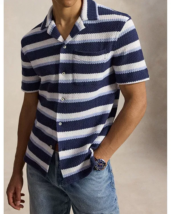 Мужская рубашка с воротником-стойкой и узором «елочка» Polo Ralph Lauren, Newport Navy Multi — фото 4