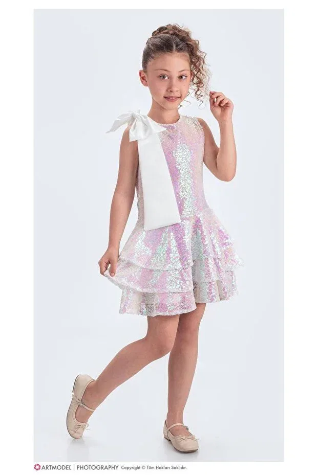 Детское платье для девочек с пайетками Glittery Collar Bowknot Perinin Dolabı, White