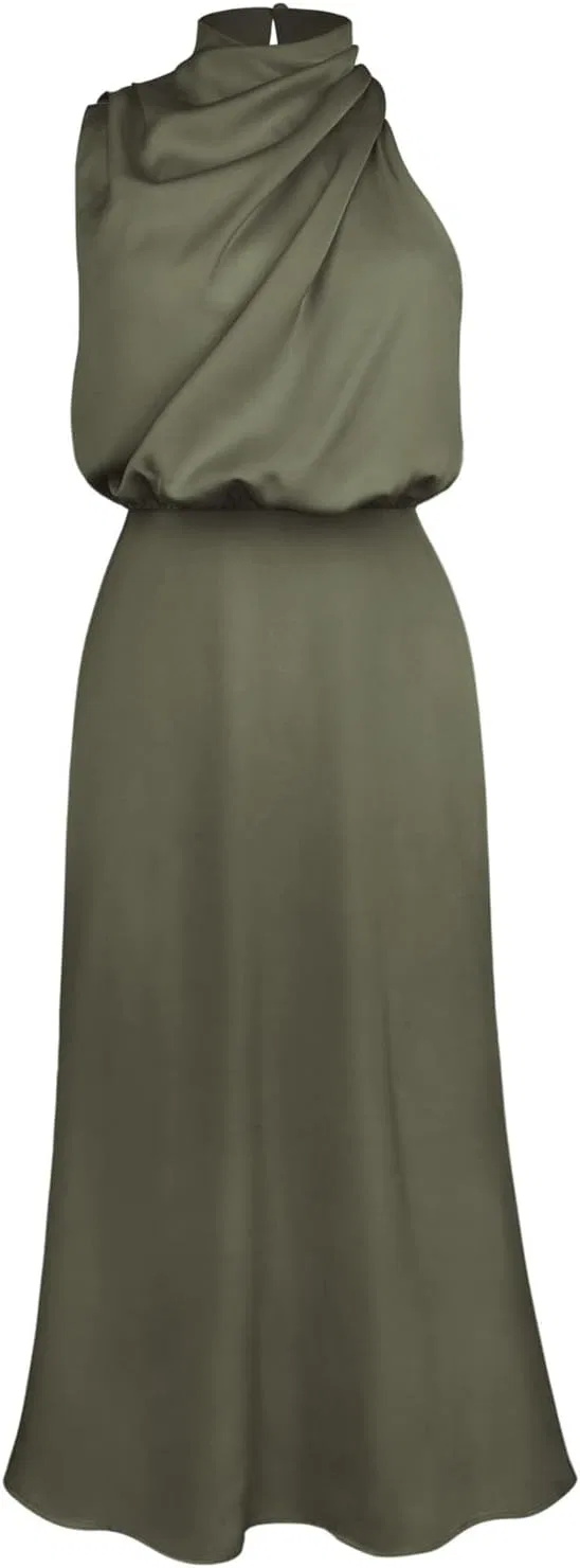 Женское сатиновое вечернее платье макси с имитацией шеи Military Green — фото 4