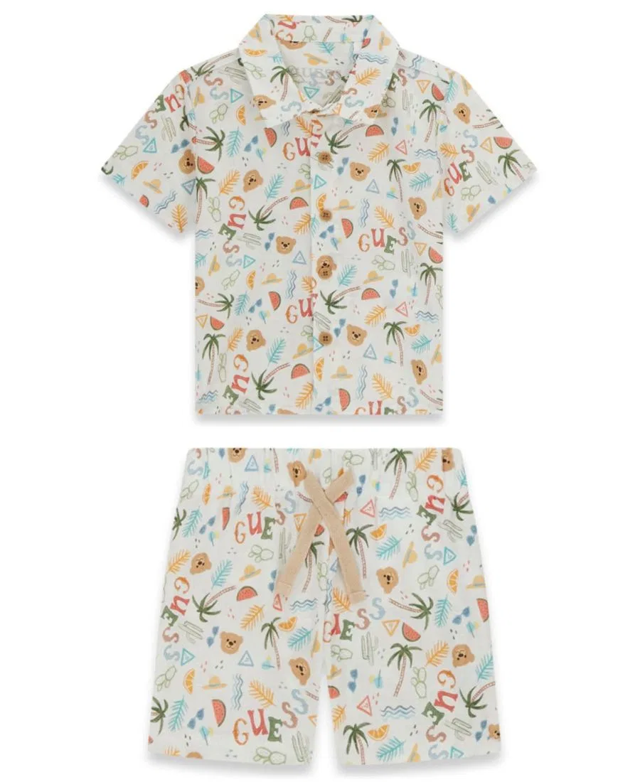 Комплект из рубашки с коротким рукавом и шорт с принтом GUESS, Ivory/Brown