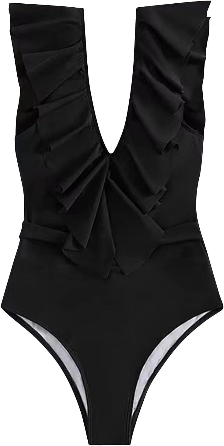 Женский слитный купальник с рюшами и глубоким V-вырезом, Black