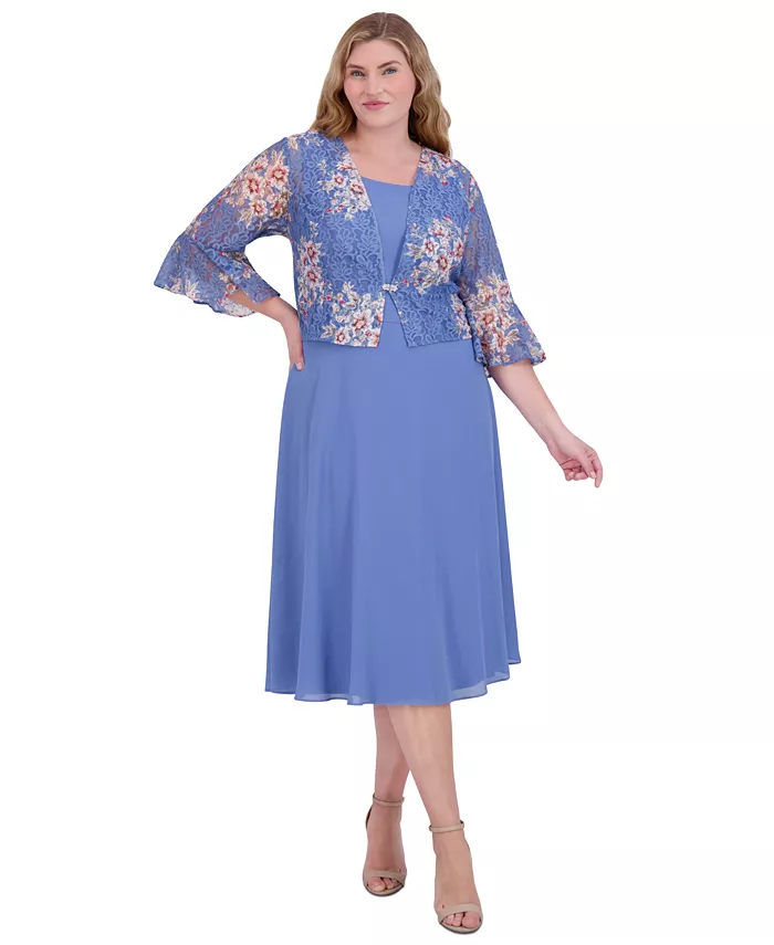 

Комплект из двух предметов: жакет и платье с цветочным принтом, кружево, размер плюс Jessica Howard, синий