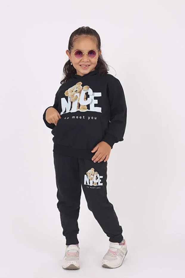 Детский комплект из футера для девочек с принтом Cute teddy bear print & hooded girls' tracksuit set Armicem, Black — фото 2