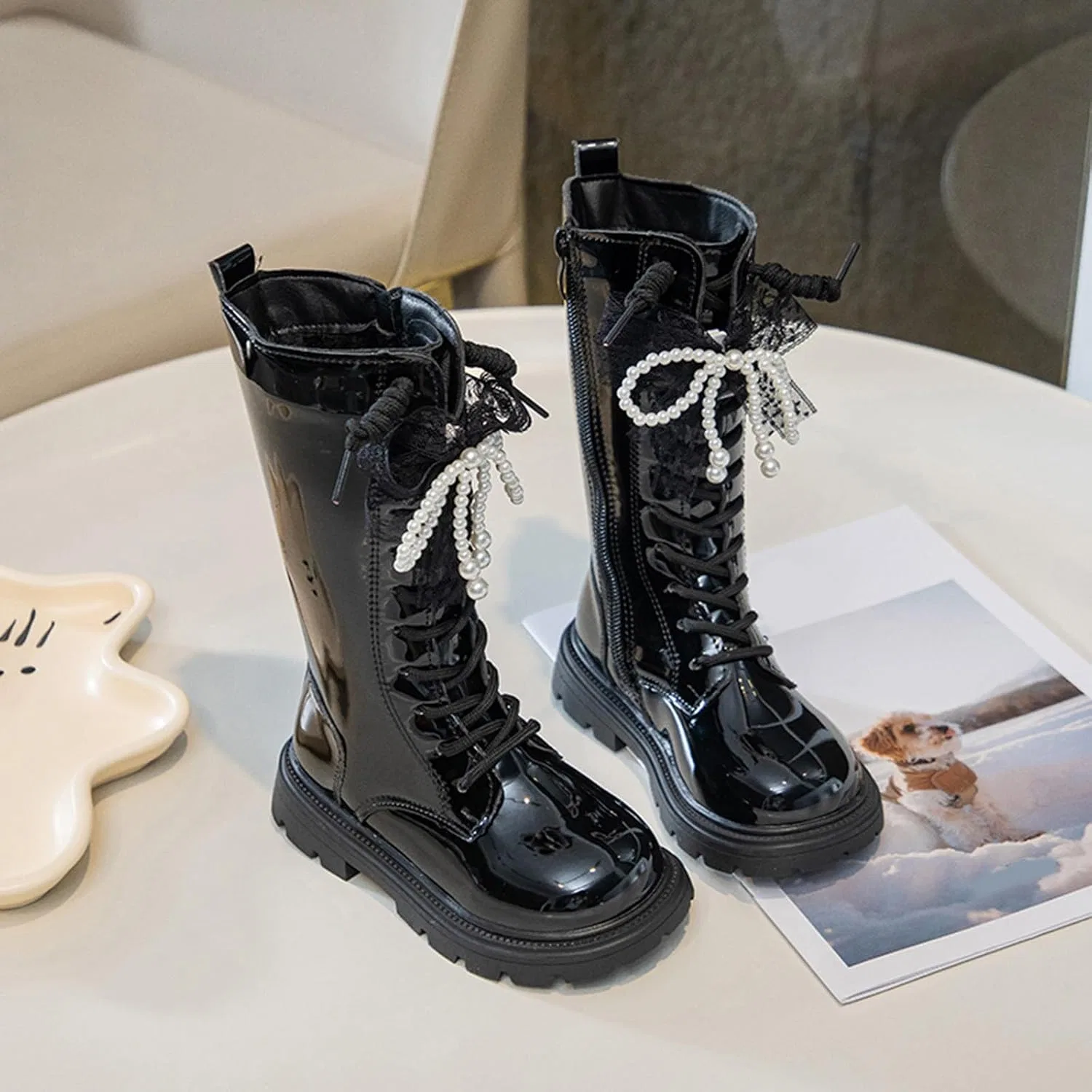 Детские сапоги для девочек с бантом, модель Shiny Dress Boots, Black — фото 3