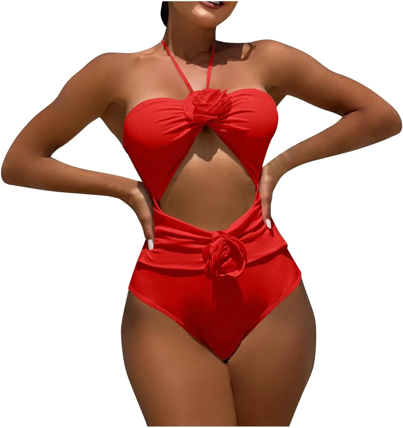 Женский цельный купальник с вырезами и 3D цветами, Red — фото 2