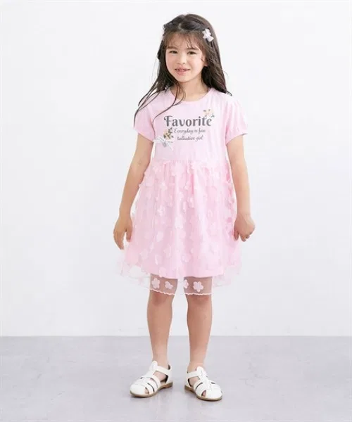 Детское платье для девочек с цветочным принтом, полурукав, модель Flower Motif Tulle QUNTSTYLE, Pink — фото 4