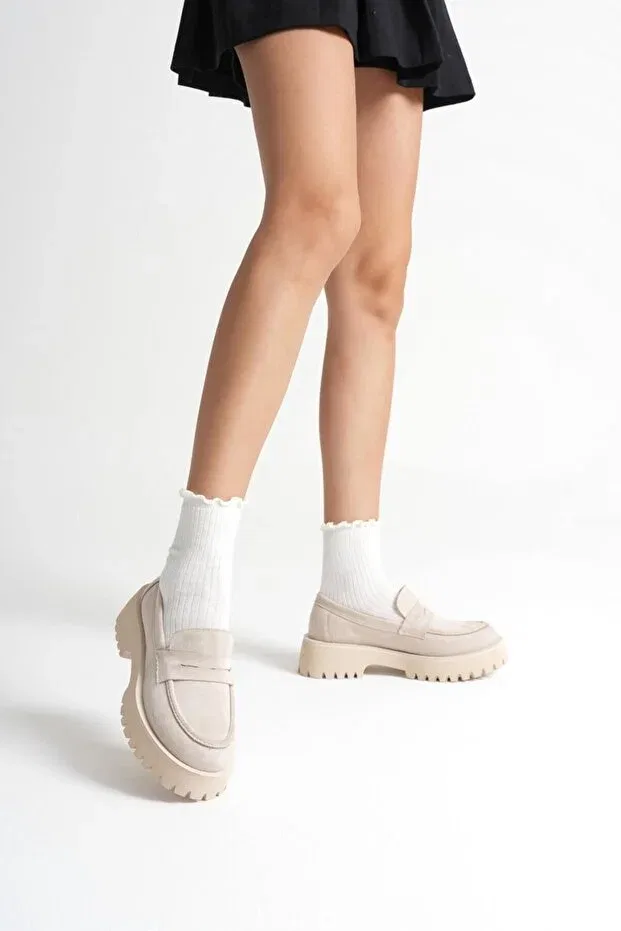Женские повседневные замшевые лоферы с полосками Basics Generic Brands, Beige Suede