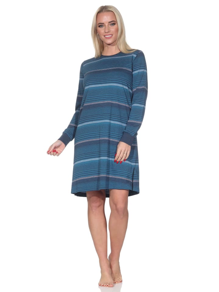 

Ночная рубашка с длинными рукавами и манжетами, в блочную полоску, цвет синий меланж. NORMANN